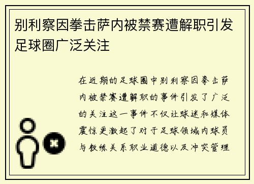 别利察因拳击萨内被禁赛遭解职引发足球圈广泛关注 别利察因拳击萨内被禁赛遭解职引发足球圈广泛关注