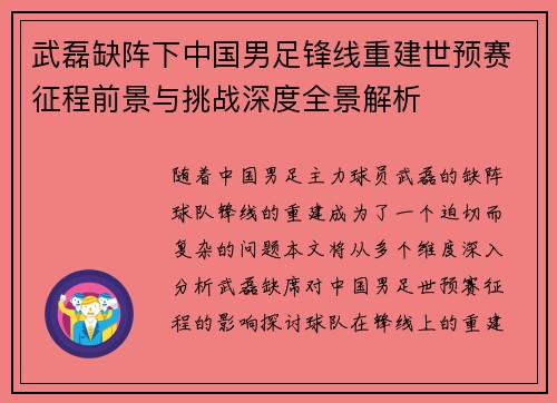 武磊缺阵下中国男足锋线重建世预赛征程前景与挑战深度全景解析 武磊缺阵下中国男足锋线重建世预赛征程前景与挑战深度全景解析